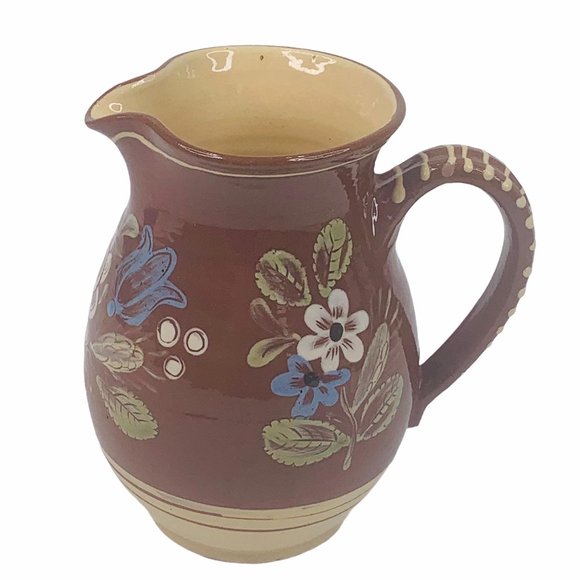 Redware Pitcher Floral Hand Painted Farmhouse - Picture 5 of 12